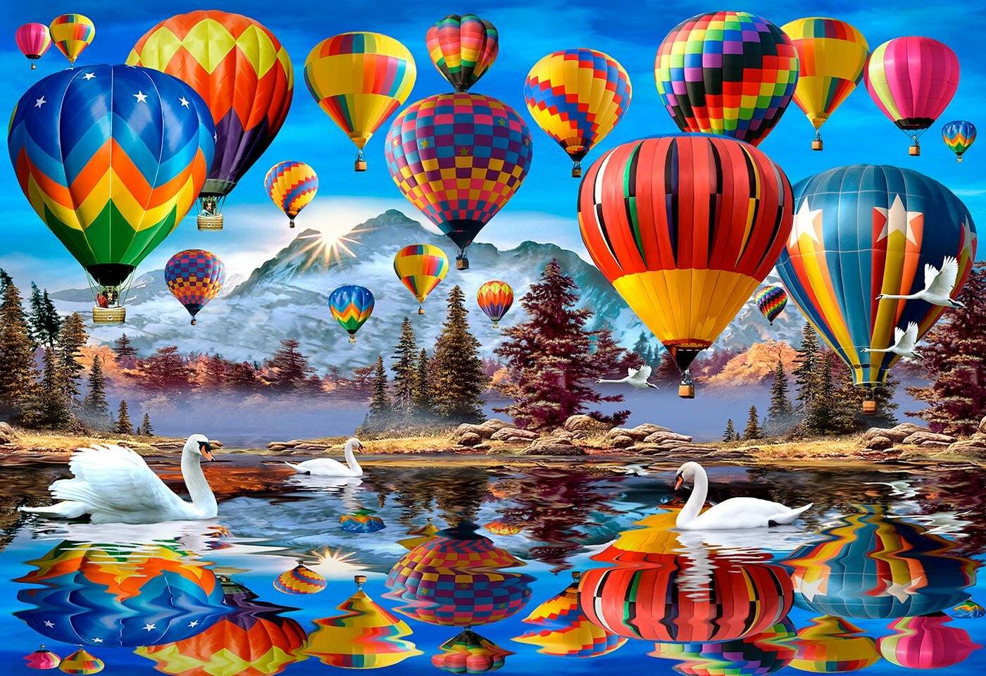 Luftballons in verschiedenen Farben schweben über einen ruhigen See, der von schneebedeckten Bergen umgeben ist, mit Schwänen im Vordergrund.