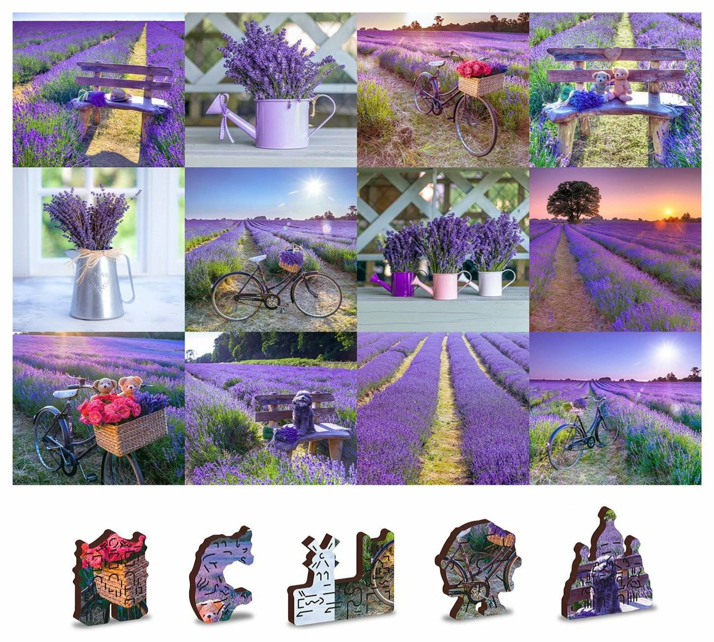 Collage aus einem Lavendelfeld und Objekten wie einem Fahrrad, Teekannten mit Blumen und Puzzleteilen. Lebendige Violetttöne dominieren die Szene.