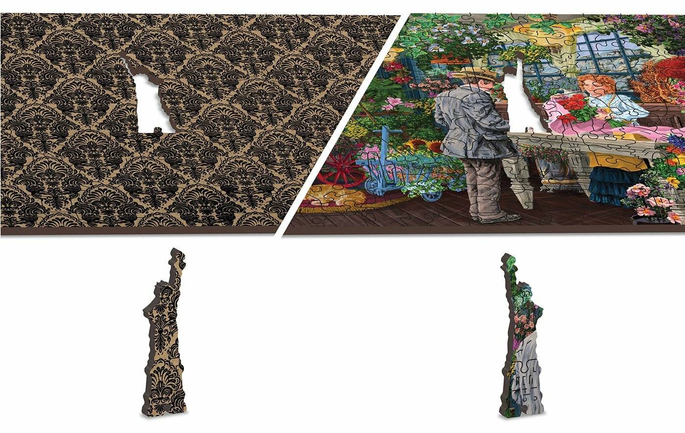 Ein teilweise zusammengesetztes Puzzle mit einer Mischung aus floralen und ornamentalen Mustern, zwei Teile separat darunter platziert und warten auf ihre Anpassung.