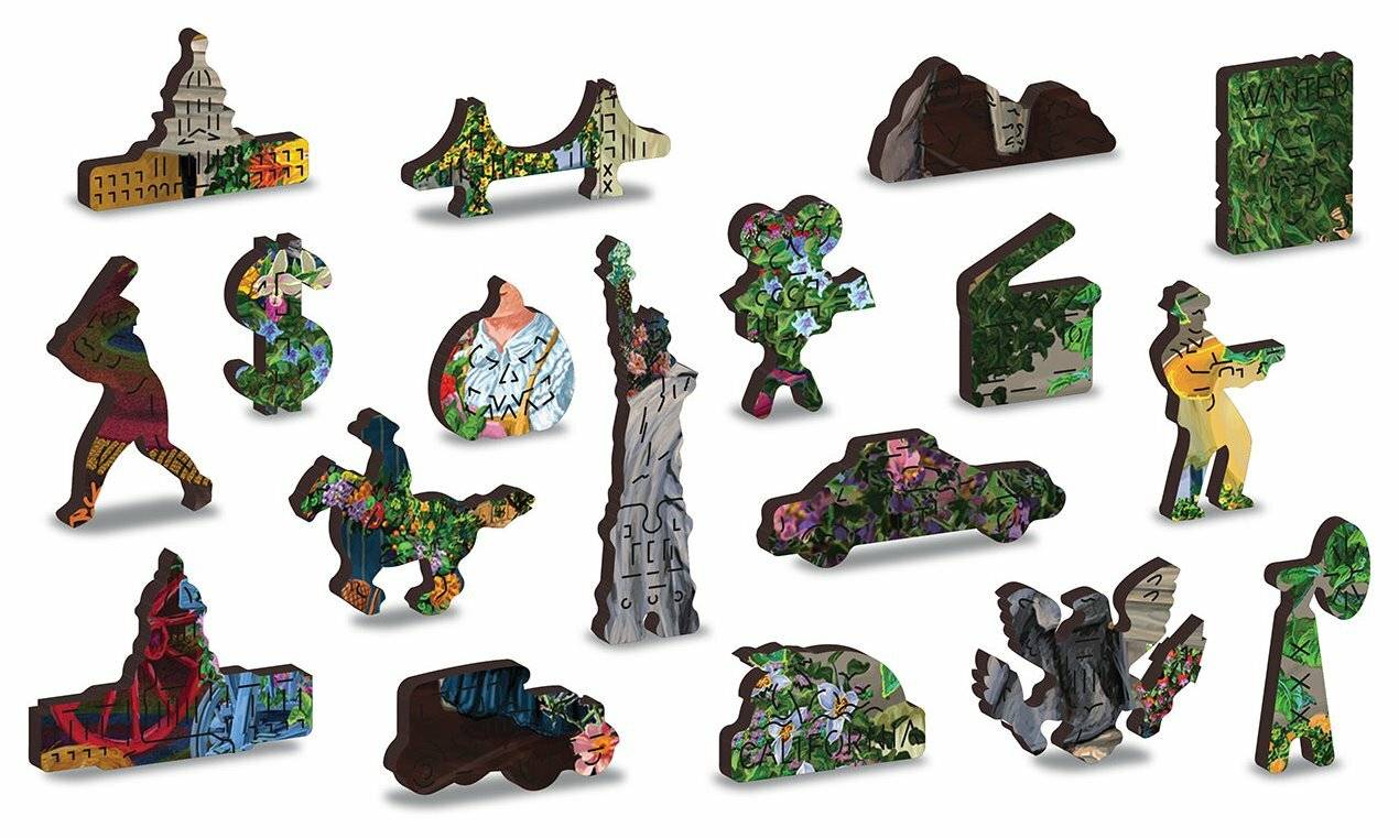 Verschiedene bunte Puzzleteilformen, die Tieren ähneln, ein Auto und abstrakte Formen, jede mit einzigartigen Mustern und Texturen.