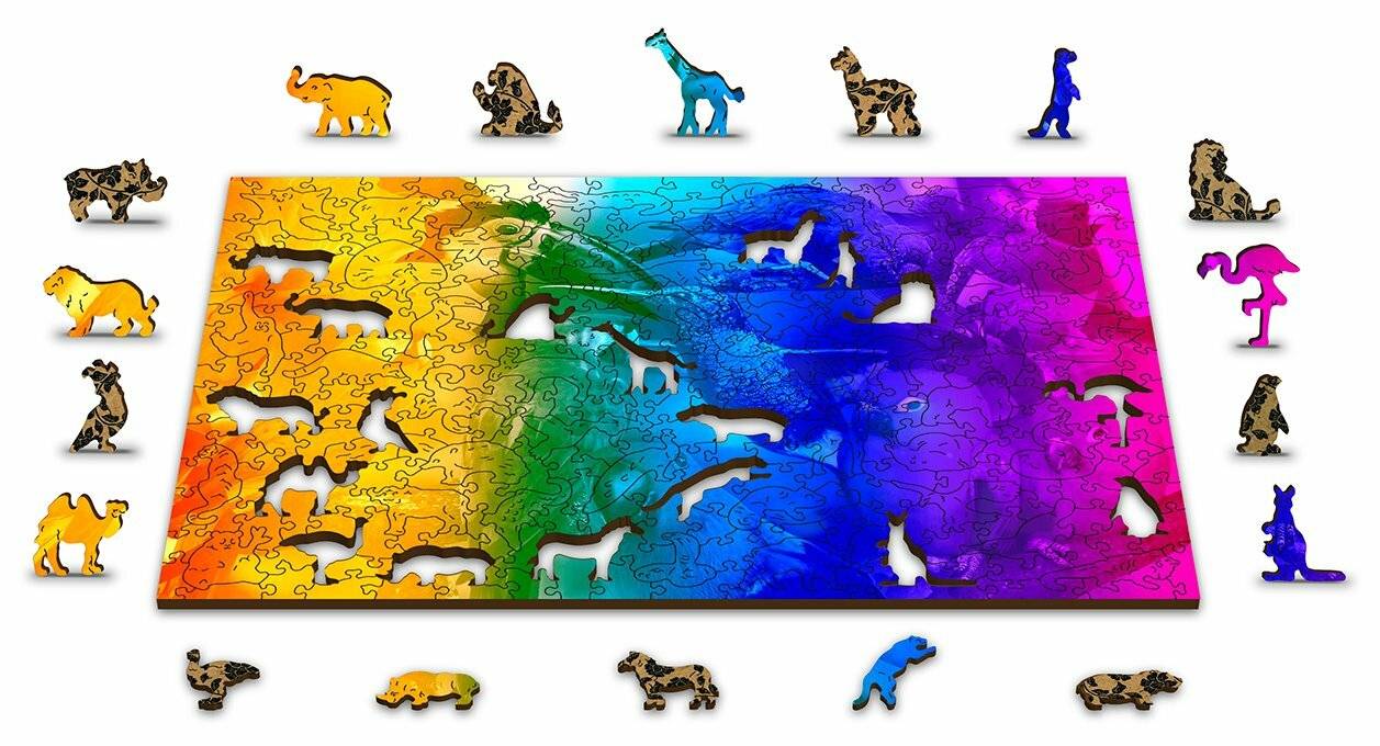 Ein buntes Puzzle mit tierförmigen Teilen, die einen Farbverlauf von Gelb zu Lila aufweisen und verschiedene Tiere wie Giraffen und Katzen darstellen.