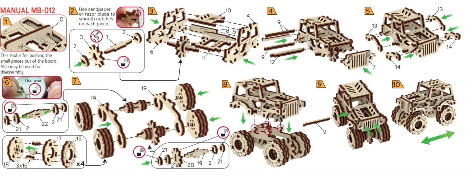 Montageanleitung für Lego-ähnliche Fahrzeuge mit nummerierten Komponenten 3 bis 12, die die schrittweise Verbindung von Teilen veranschaulicht.