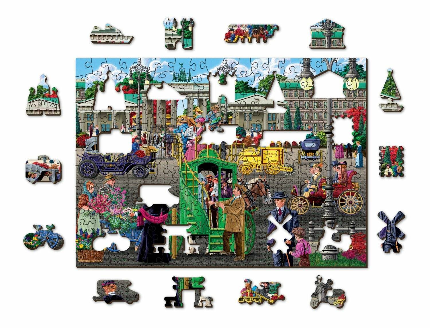 Komplexes Jigsaw-Puzzle, das eine belebte historische Straßenszene mit Oldtimern, Pferdefuhrwerken und Menschen in historischer Kleidung darstellt.