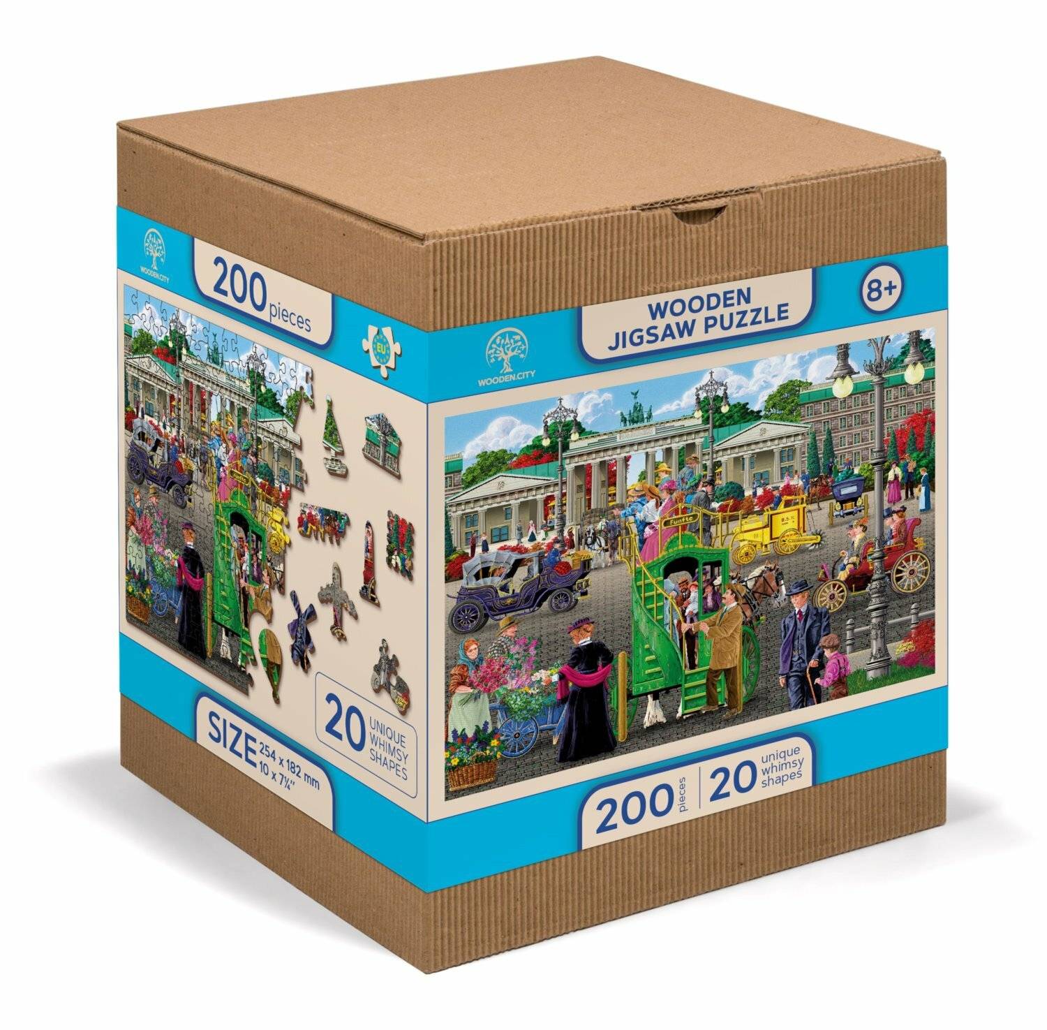 Eine Schachtel mit einem 200-teiligen Holz-Puzzle, das Vintage-Straßenszenen mit Menschen, Autos und Gebäuden zeigt. Geeignet für Kinder ab 8 Jahren.