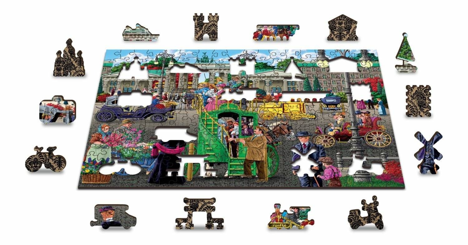 Ein komplexes Puzzle, das eine lebendige Straßenszene der Stadt mit Menschen, Vintage-Autos und Gebäuden darstellt, umgeben von verstreuten Puzzleteilen.