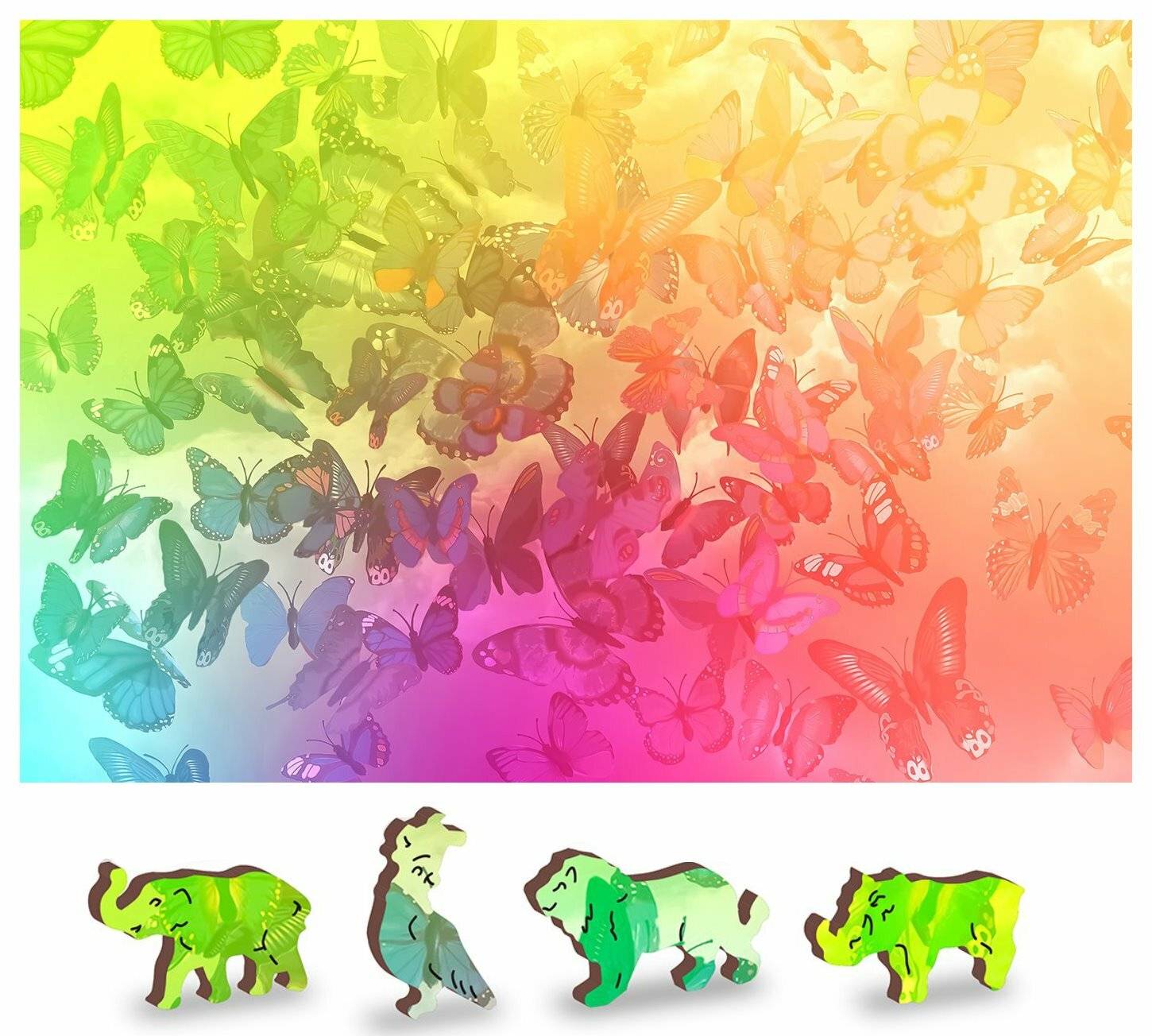 Farbenfrohe Schmetterlinge am Himmel vor einem lebendigen Regenbogenhintergrund. Darunter sind vier stilisierte Pandafiguren in Grün und Braun dargestellt.