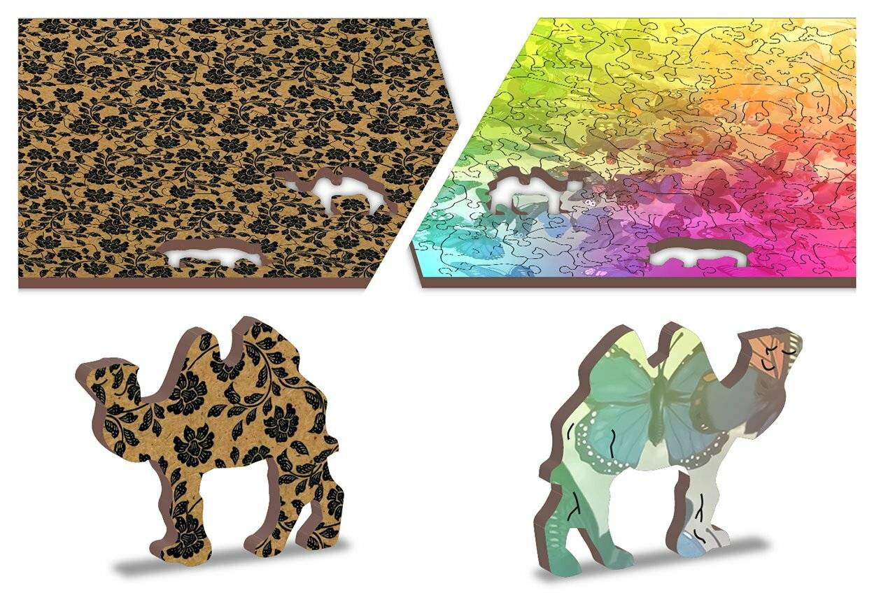 Zwei Puzzleteile in Kamelformen: eine mit einem Blumenmuster, eine mit einem bunten Farbverlaufsmuster, das unterschiedliche Designs veranschaulicht.