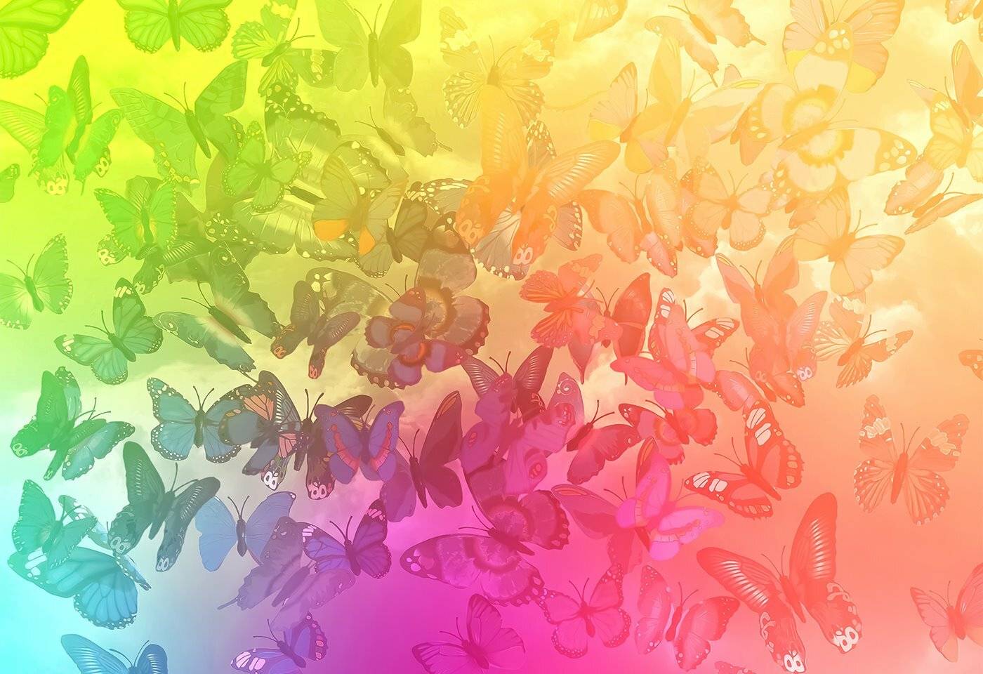 Ein lebendiger Schwarm von Schmetterlingen in verschiedenen Farben, darunter Grün, Orange und Rosa, die gegen einen Farbverlauf-Hintergrund fliegen.