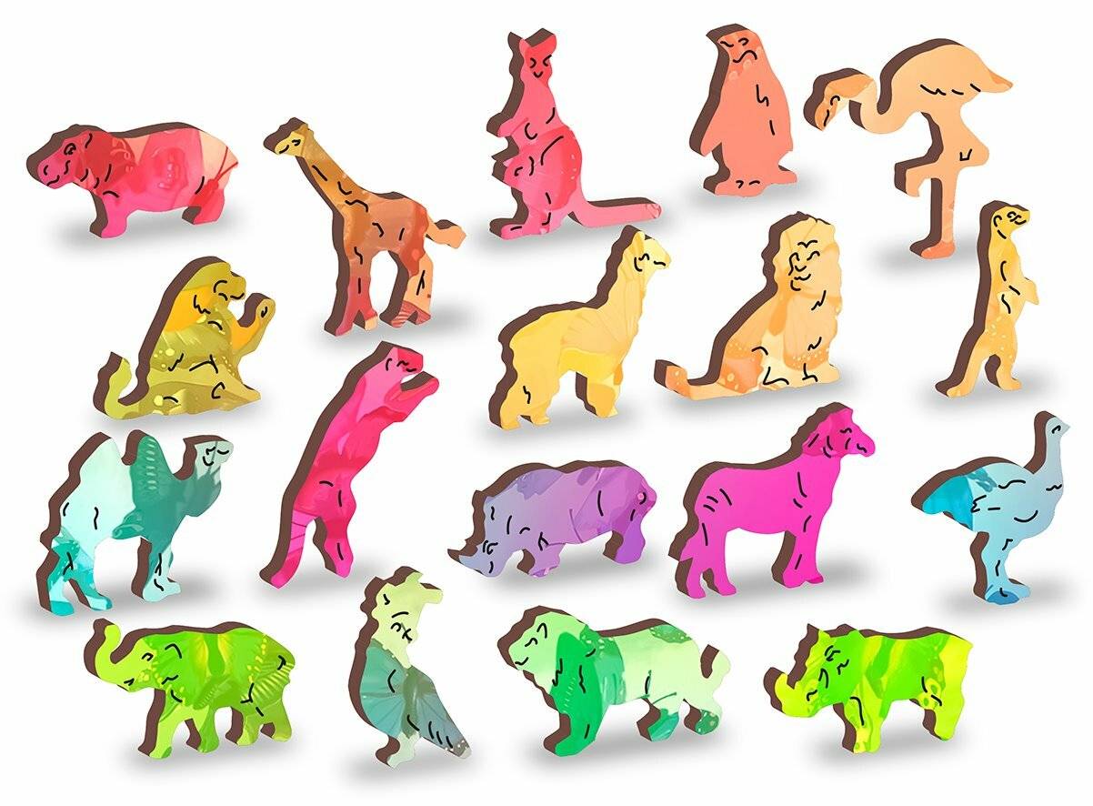 Ein farbenfrohes Arrangement aus verspielten, abstrakten Tierfiguren, darunter Giraffen, Löwen und Bären, in einem zerstreuten Muster angeordnet.