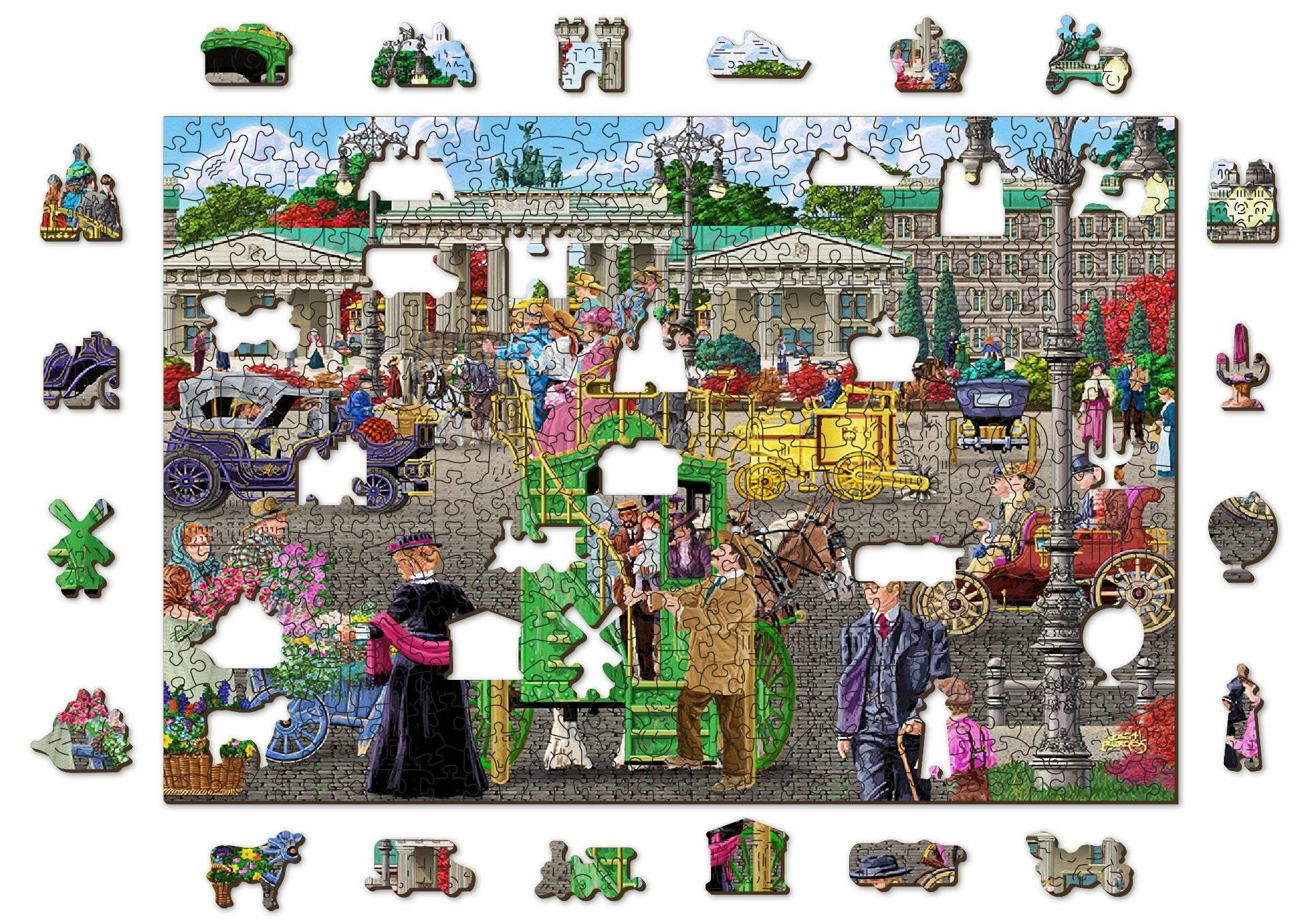 Ein teilweise vollendetes Puzzle zeigt eine belebte Szene einer historischen Stadt mit von Pferden gezogenen Kutschen und Menschen in zeitgenössischer Kleidung vor einem prächtigen Gebäude.