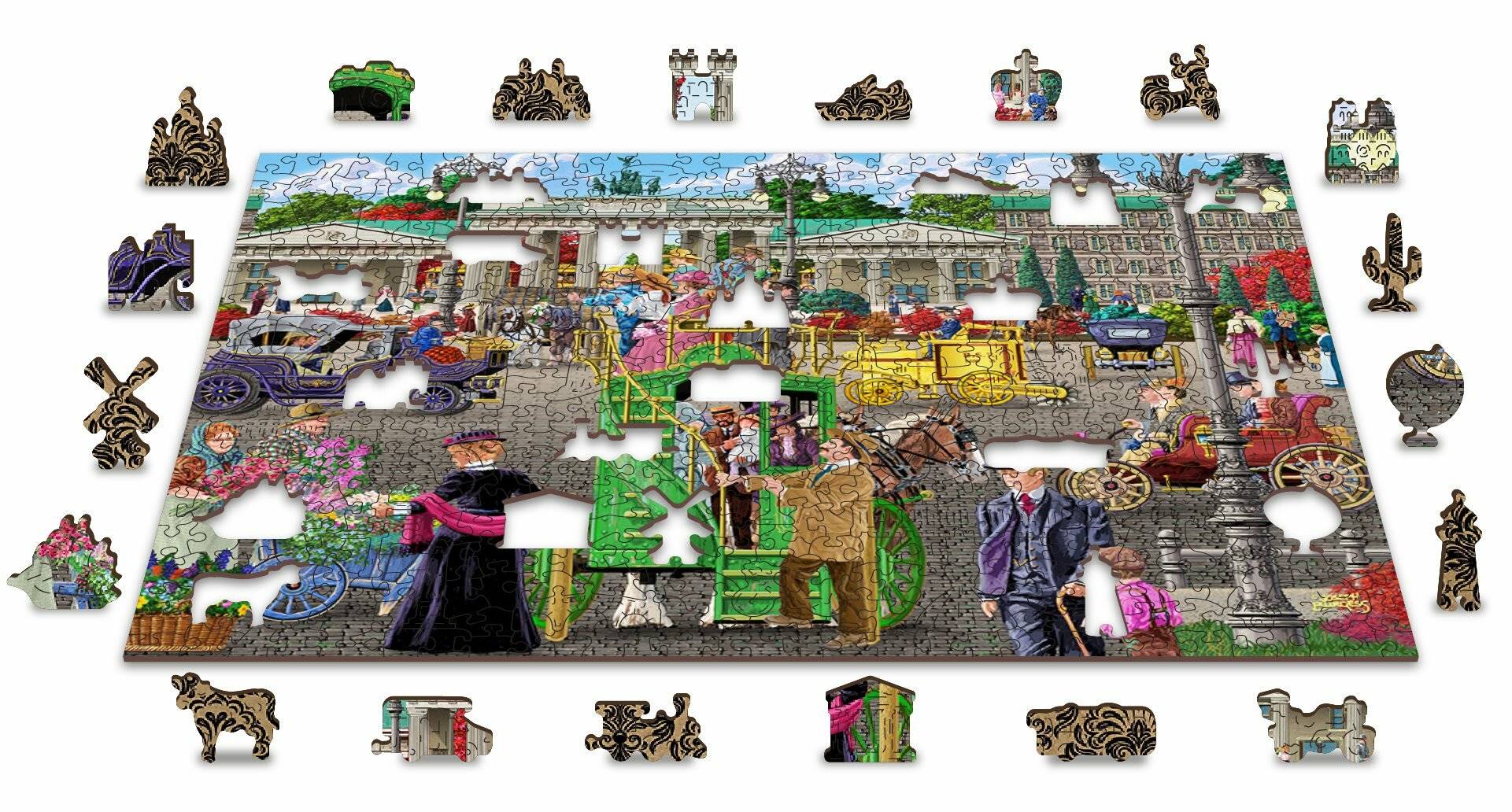 Ein teilweise vollendetes Vintage-Puzzle mit historischem Motiv, das eine historische Straßenszene mit Pferdekutschen und in Zeitkleidung gekleideten Menschen darstellt.