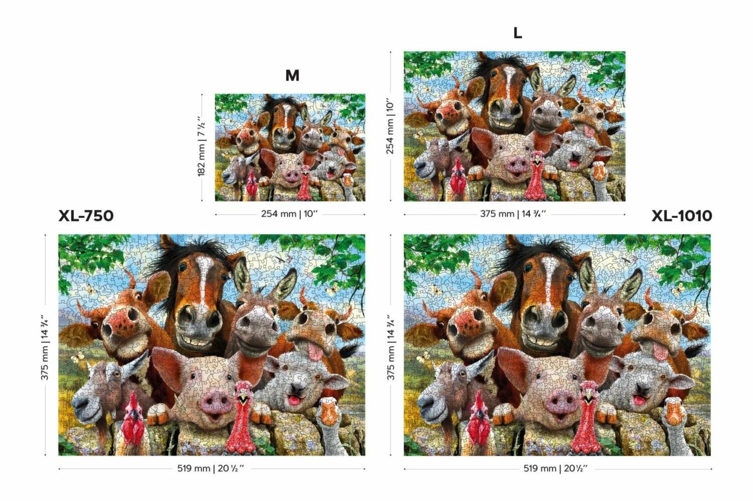 Drei Puzzles mit Bauernhoftieren in verschiedenen Größen (S, M, L). Jedes Puzzle zeigt ein Pferd, eine Kuh, einen Esel und andere Tiere in einer verspielten Szene.