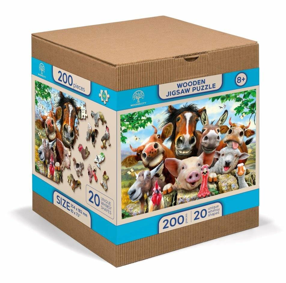Ein 200-teiliges Holzpuzzle in einer Schachtel mit einer farbenfrohen Bauernhofszene mit lächelnden Tieren, darunter ein Pferd, eine Kuh, ein Schwein und ein Schaf. Geeignet für Alter 8+.
