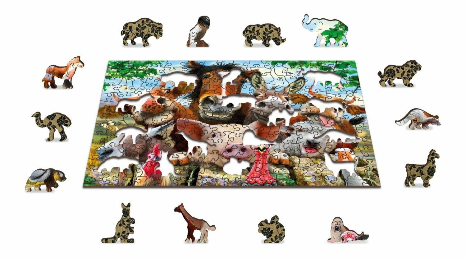 Ein teilweise vollendetes tierisches Puzzle mit verschiedenen Tieren wie Elefanten und Giraffen, umgeben von tierförmigen Puzzleteilen.