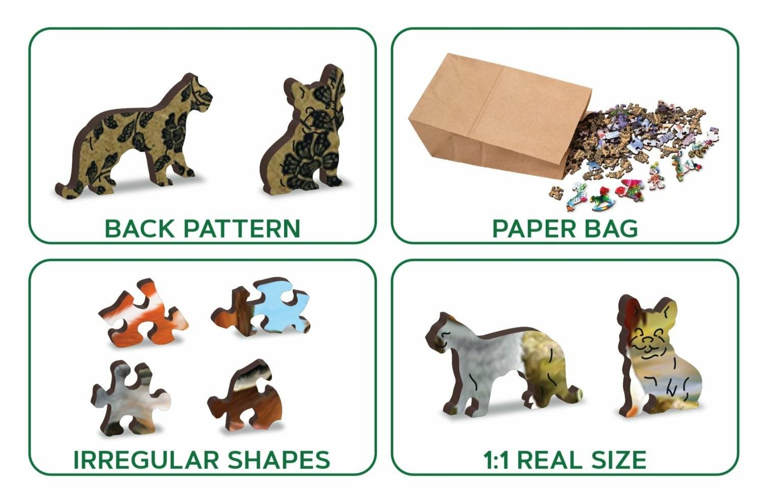 »Schwarzes Muster« Puzzleteil in Tierform. »Papiertüte« mit verschütteten Puzzleteilen. »Unregelmäßige Formen« von Puzzleteilen. »1:1 Echtgröße« eines abgebildeten Puzzleteils.