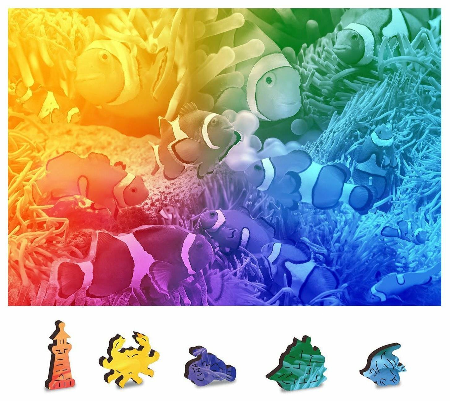 Clownfische schwimmen zwischen Anemonen, dargestellt in einem Regenbogenverlauf. Bunte Formen, die Meereslebewesen ähneln, werden unter dem Hauptbild gezeigt.