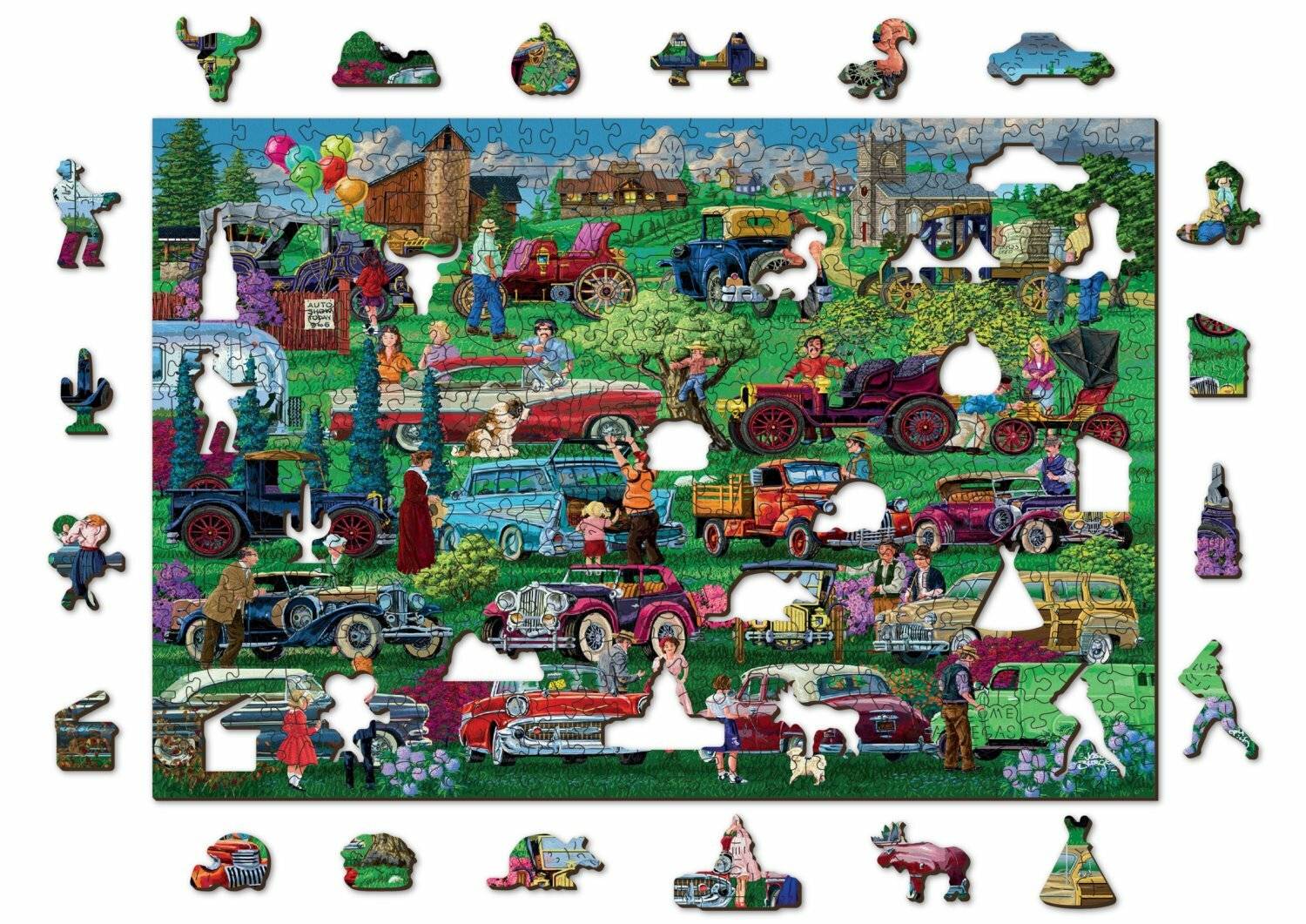 Ein farbenfrohes Puzzle mit Vintage-Autos in einer belebten Parkszene, die mit Menschen, Bäumen und lebendigen Aktivitäten gefüllt ist.