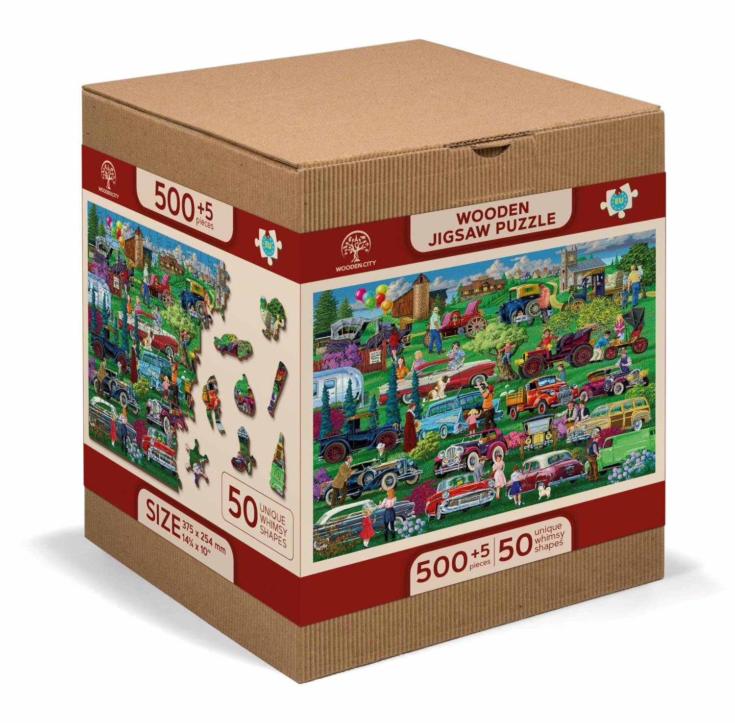Holz-Puzzle-Box mit buntem Landleben-Motiv mit Vintage-Traktoren, Menschen und Grünflächen. Enthält über 500 Teile.