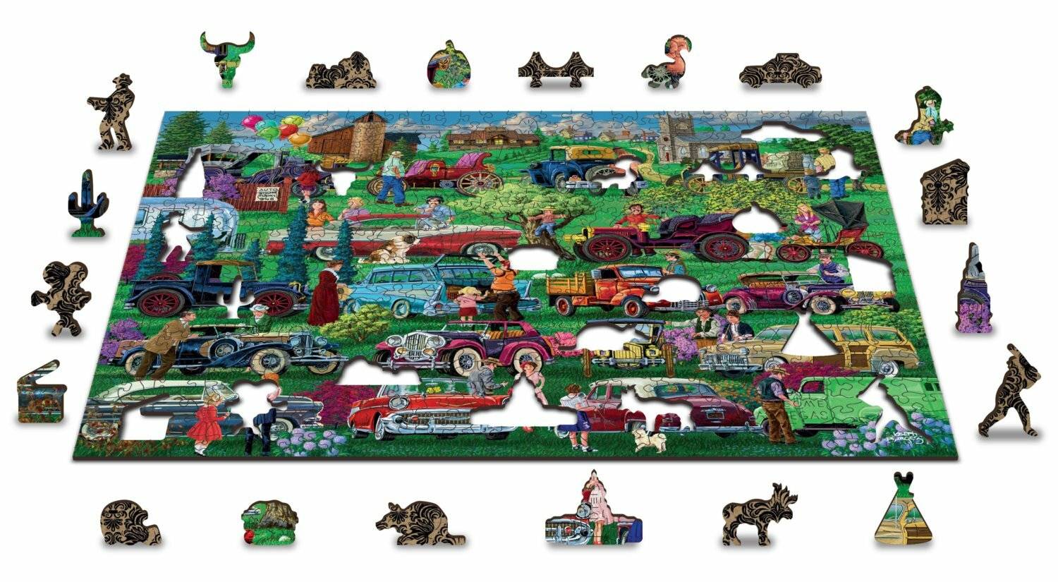 Ein buntes Puzzle mit Vintage-Autos, Menschen und malerischer Landschaft mit einzigartig geformten Puzzleteilen und ausgefallenen Außenschnitten.