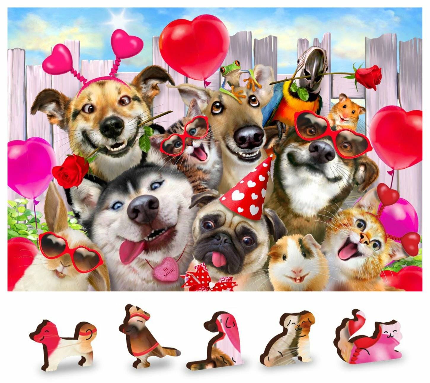 Eine Gruppe verschiedener Tiere, einschließlich Hunden und Katzen, die Partyaccessoires tragen, mit Herz- und Ballondekorationen im Hintergrund.
