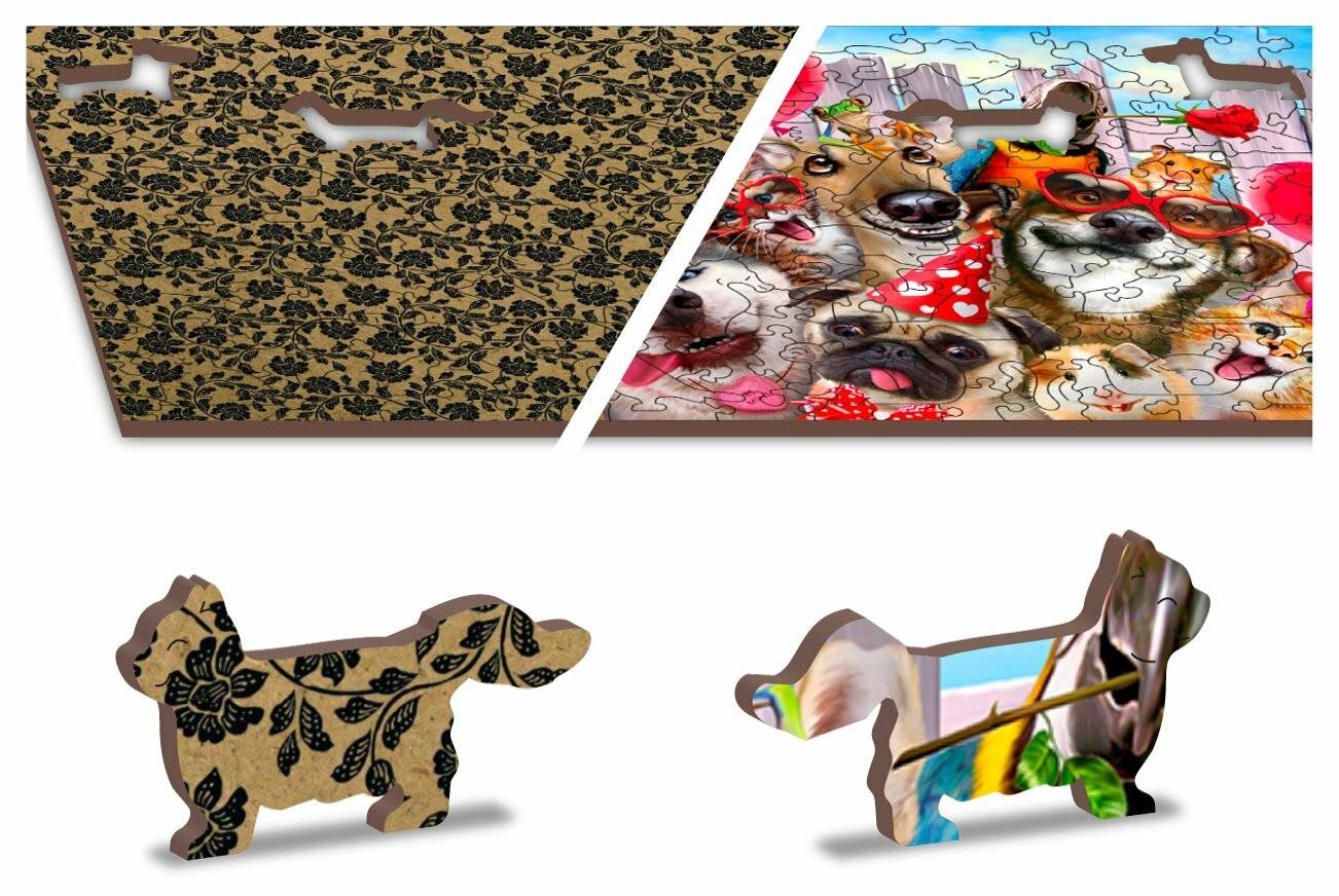 Ein Puzzlespiel mit einer Mischung aus Blumenmuster und Hundeabbildungen, teilweise zusammengesetzt, mit zwei Puzzle-Teilumrissen, die darunter gezeigt werden.