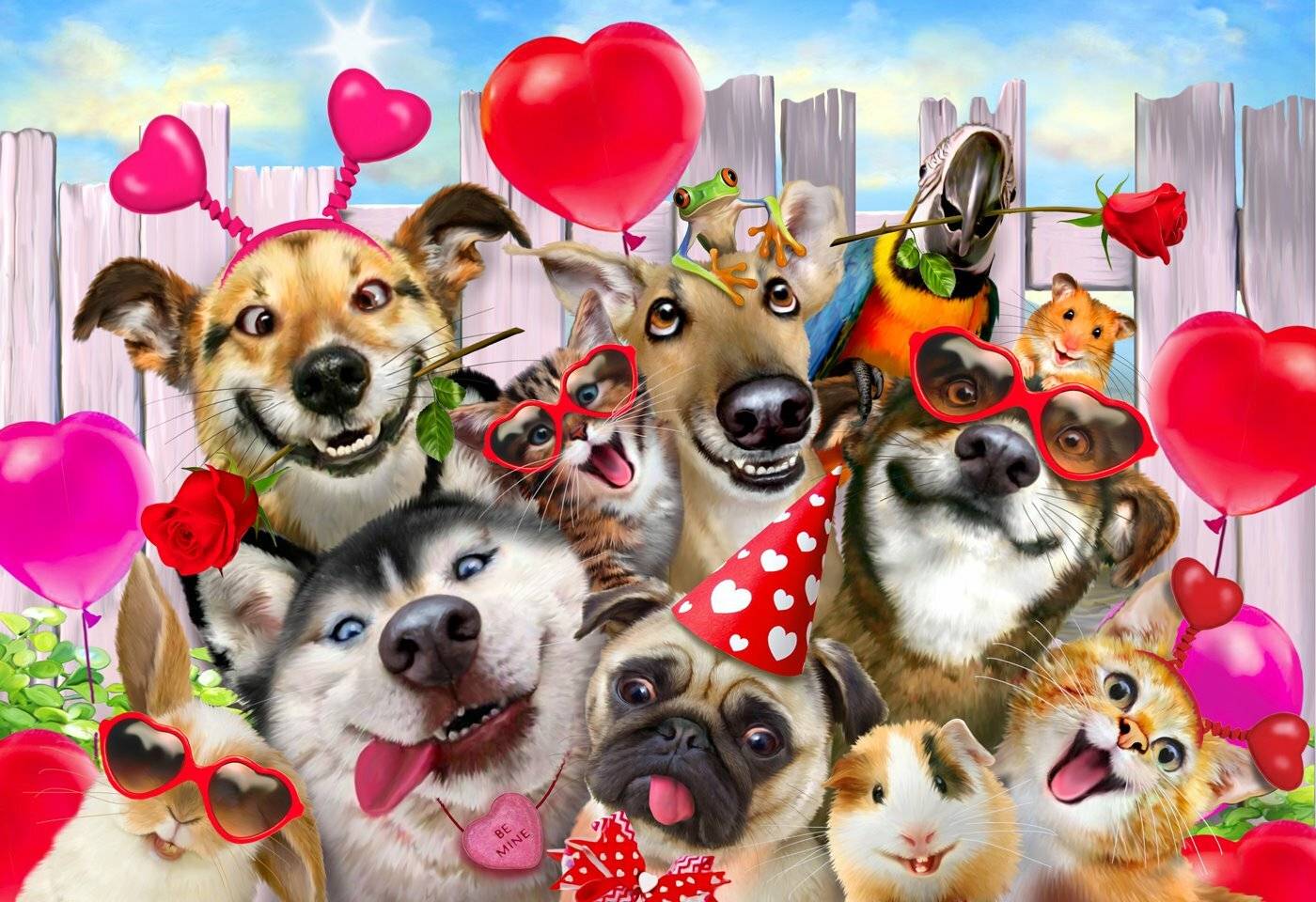 Eine Gruppe verspielter, cartoon-ähnlicher Tiere, darunter Hunde, ein Hase und eine Katze, die Partyhüte und Sonnenbrillen tragen, mit Luftballons im Hintergrund.