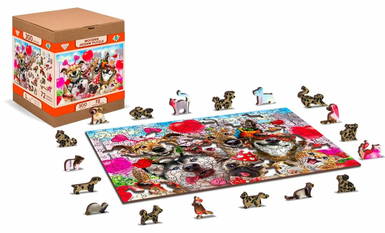 Ein fertiggestelltes 300-Teile-Puzzle mit verschiedenen Hunden mit Ballons ist von hundeförmigen Teilen umgeben. Die Puzzleachtel ist auf der linken Seite sichtbar.