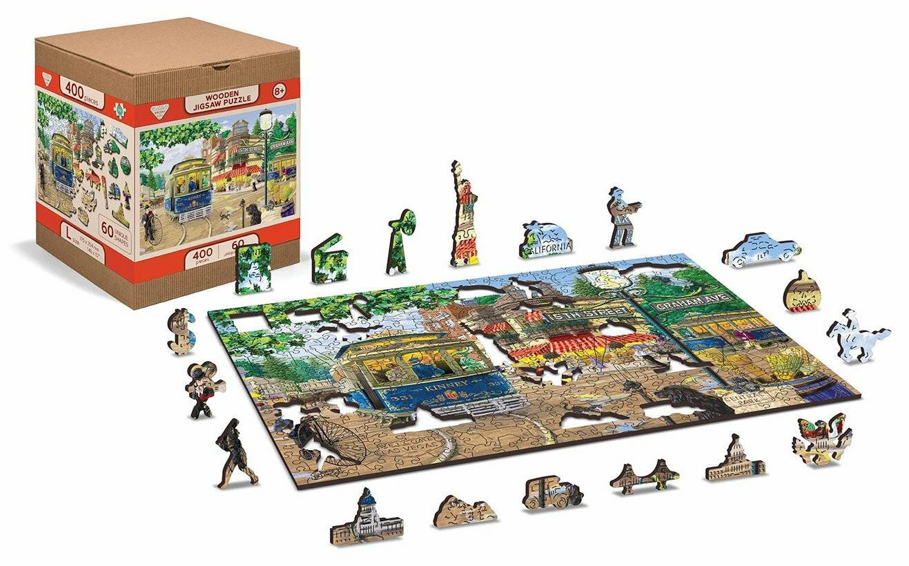Ein teilweise fertiggestelltes 400-Teile-Puzzlespiel, das eine Szene mit einer Vintage-Straßenbahn zeigt. Einzigartige Teile mit charakteristischen Formen umgeben das Puzzle.