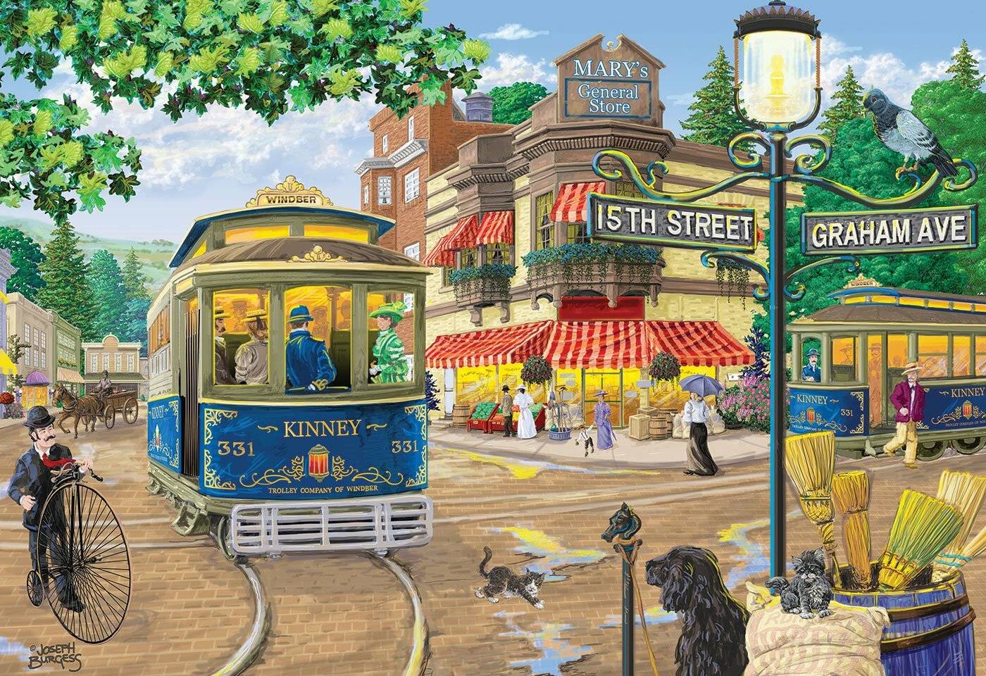Eine nostalgische Straßenszene mit einer Straßenbahn mit dem Schriftzug „Trolley Company of Windsor