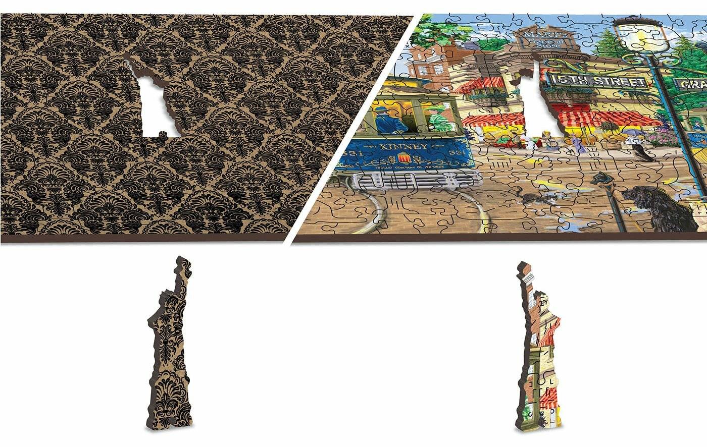 Ein teilweise vollendetes Puzzle kombiniert zwei Stile: Ein elegantes schwarzes Blumendesign kontrastiert mit einer farbenfrohen Straßenszene mit einem Zug und einem Markt.