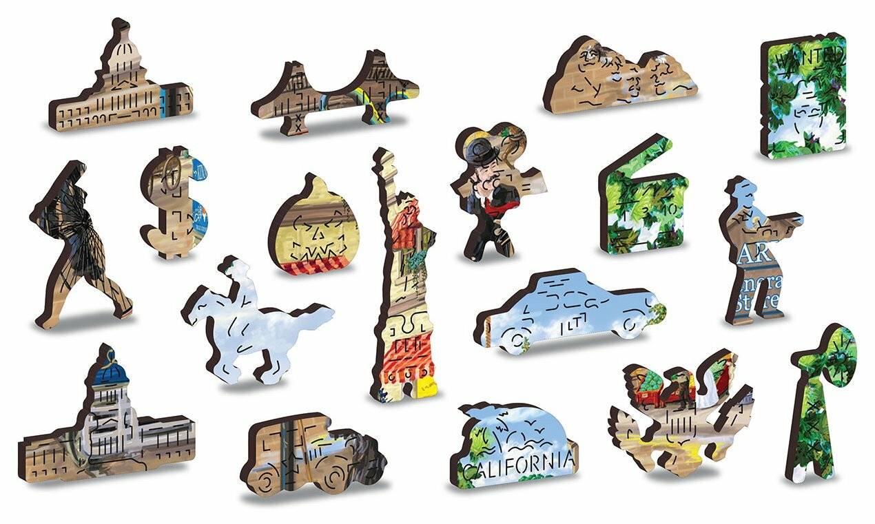 Verschiedene Holzpuzzleteile, die unterschiedliche Formen darstellen, zeigen einen Cowboy, einen Baum, einen Berg und die Freiheitsstatue.