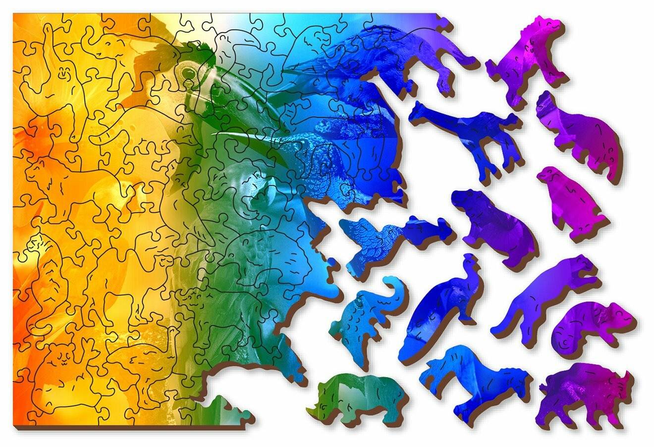 Ein buntes Puzzle mit tierförmigen Teilen, darunter ein Elefant, eine Giraffe und ein Vogel, verstreut um den hauptsächlich zusammengesetzten Bereich.