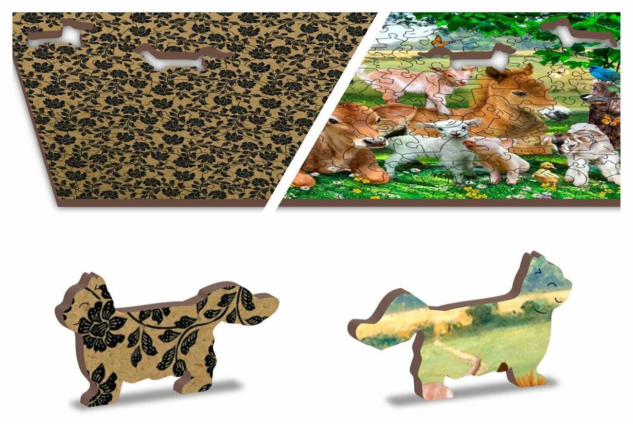 Ein geteiltes Bild, das auf einer Seite ein gemustertes Puzzleteil mit Blumendesign und auf der anderen Seite eine Wildtierszene mit Tieren zeigt.