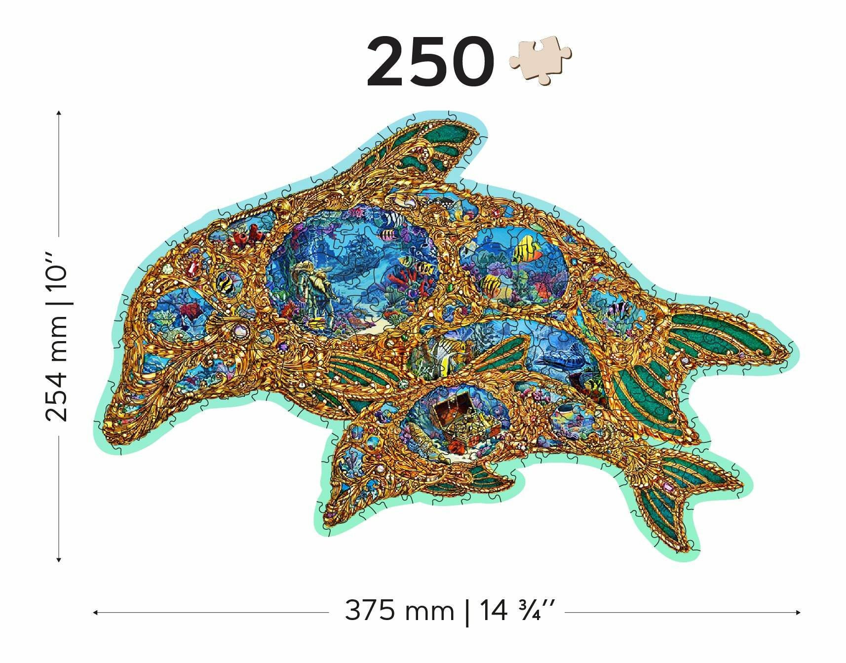 Illustriertes Puzzle mit Delphin-Meeresthema, bestehend aus 250 Teilen. Die Größe beträgt 375 mm oder 14 3/4 Zoll.