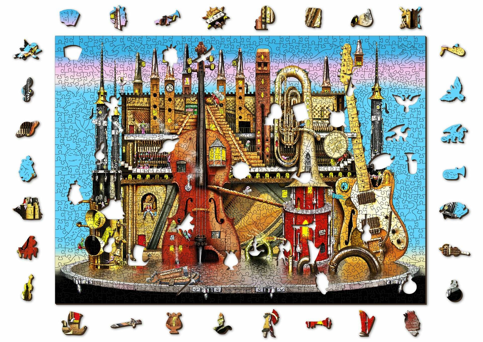 Ein buntes Puzzle zeigt ein verspieltes Schloss, das aus Musikinstrumenten gebaut ist. Einige Puzzleteile fehlen und sind verstreut um die Ränder herum.
