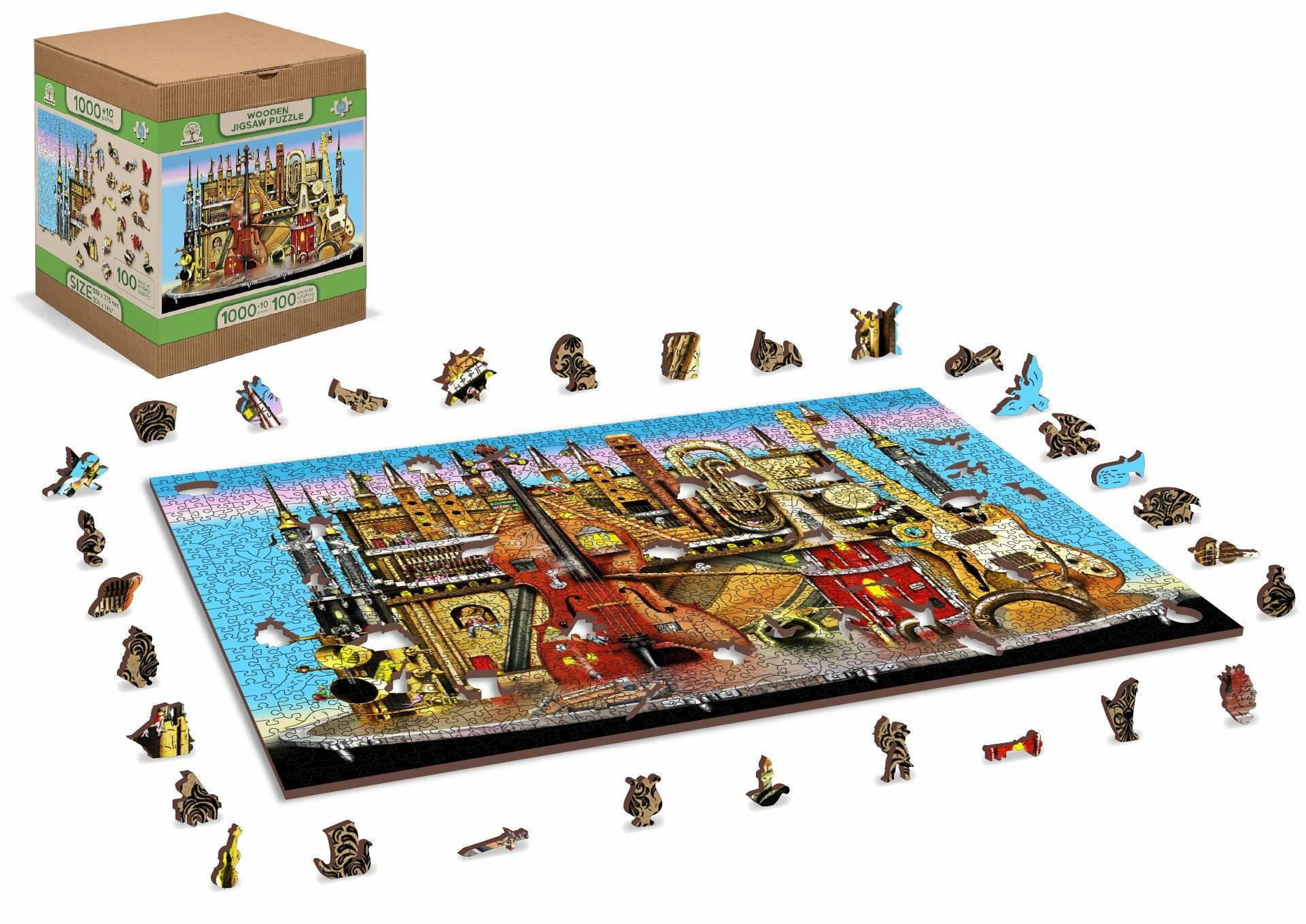 Ein 1000-teiliges Puzzle mit einer bunten, abstrakten Stadtlandschaft, das teilweise zusammengesetzt ist, mit mehreren fehlenden Teilen auf dem Tisch und verstreut herum.