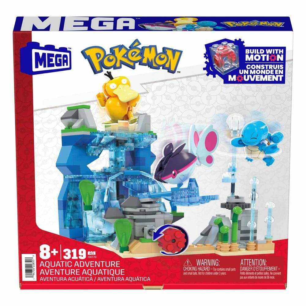 MEGA Pokémon Aquatic Adventure' Baukasten-Set mit Spielfiguren von Psyduck, Magikarp und Wobbuffet sowie einer Bewegungsbau-Funktion, für Kinder ab 8 Jahren.