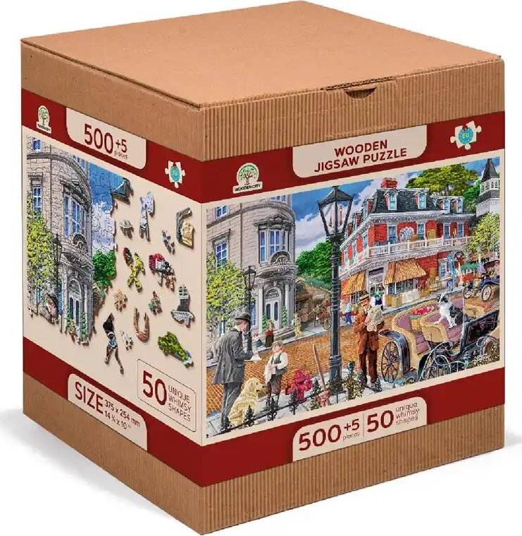 Schachtel mit Holzpuzzle mit einem Bild, das eine Straßenszene mit historischen Gebäuden, einer Pferdekutsche und Menschen zeigt.