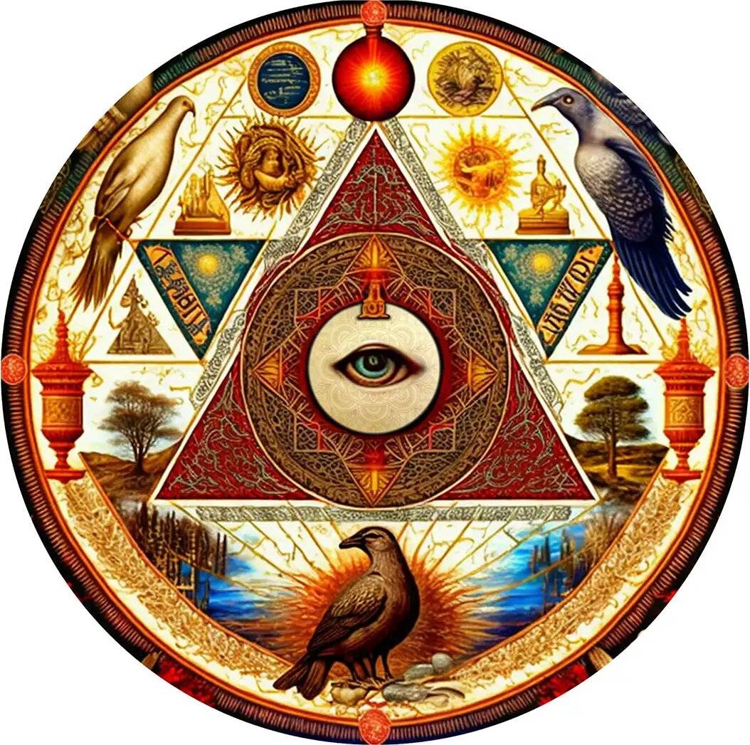 „Esoterische kreisförmige Illustration mit einem zentralen Auge in einem Dreieck, umgeben von Vögeln, Symbolen und mystischen Bildern.