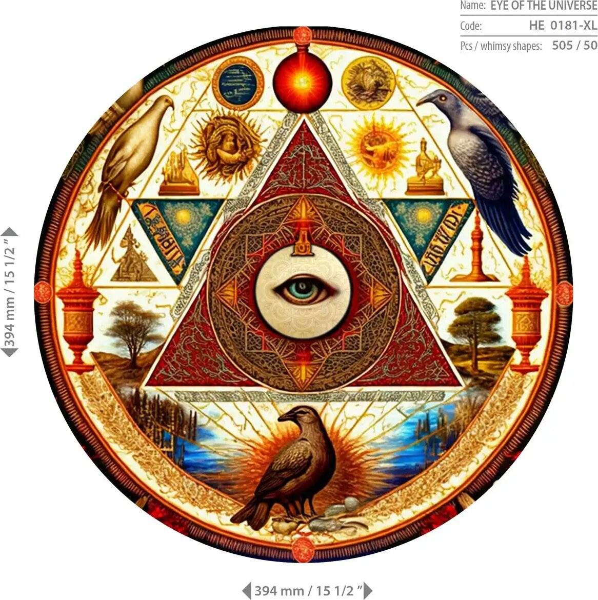 Ein kreisförmiges Design mit einem Auge innerhalb eines Dreiecks in der Mitte, umgeben von verschiedenen Symbolen, Vögeln und Sonnenmotiven.