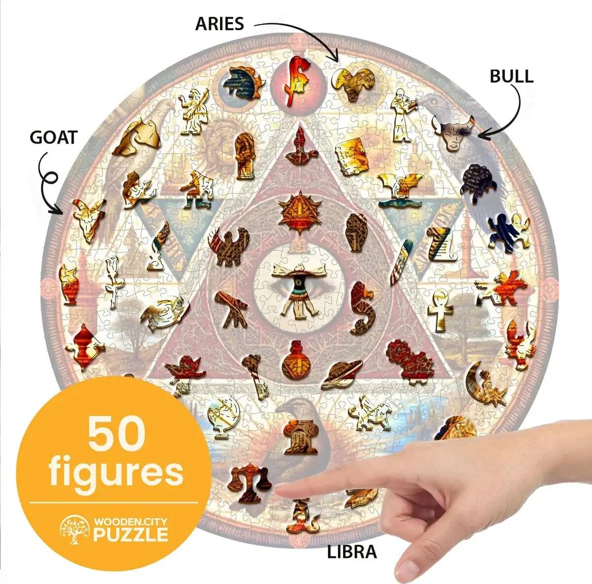 Kreisförmiges Rätsel mit astrologischen Figuren, einschließlich Widder, Stier, Ziege und Waage. Eine Hand zeigt auf die Waage. Text: '50 Figuren'.