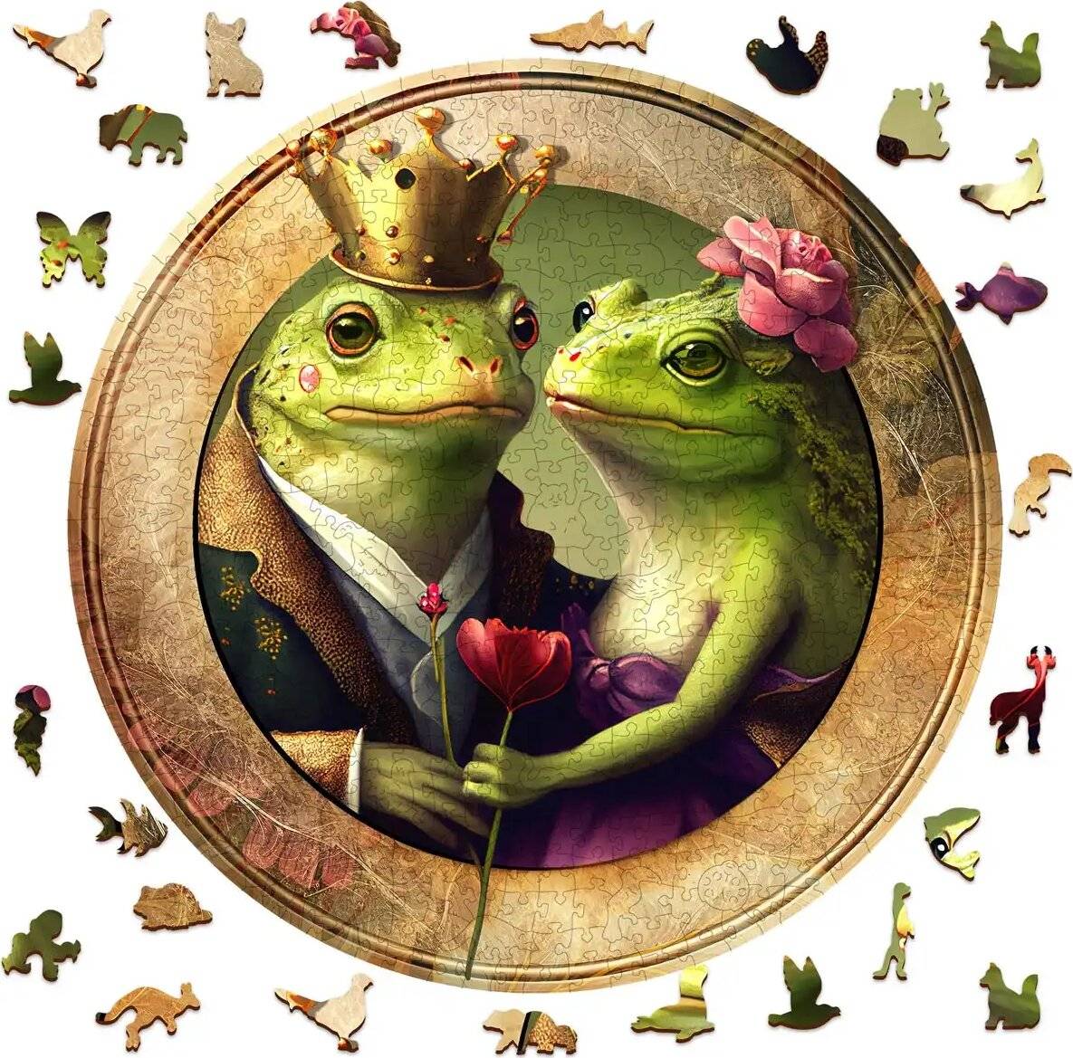 Ein verspieltes Puzzlebild von zwei anthropomorphen Fröschen in formeller Kleidung; einer trägt eine Krone, der andere eine Blume, umgeben von geformten Teilen.