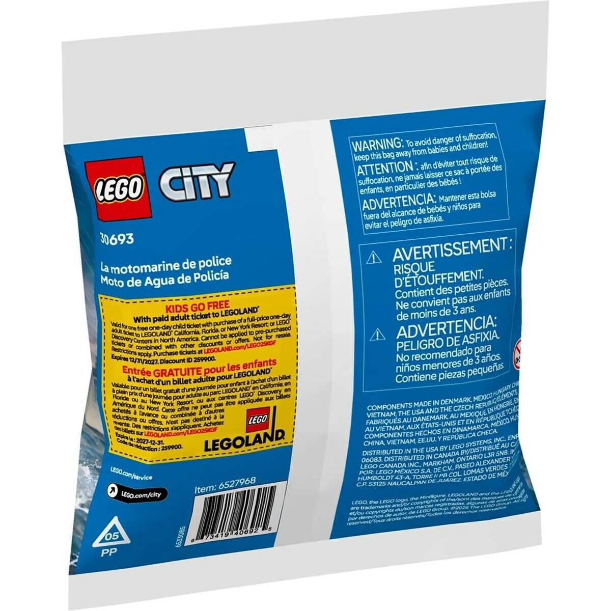 „Vorsicht: Kleinteile. KOSTENLOSER Eintritt für Kinder in LEGOLAND beim Kauf. LEGO CITY Polizei-Wasserfahrzeug-Set-Verpackung.