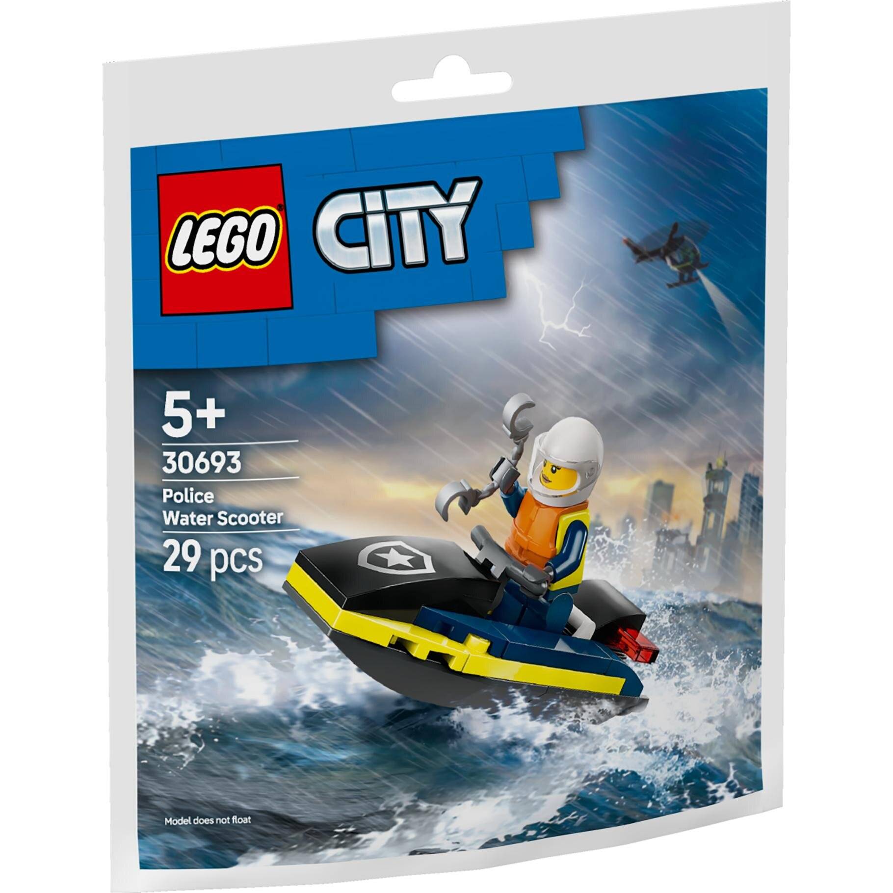 Ein LEGO City Polizist auf einem Jetski in stürmischer See, gezeigt auf einer Verpackung für Alter 5+, Set 30693, enthält 29 Teile.