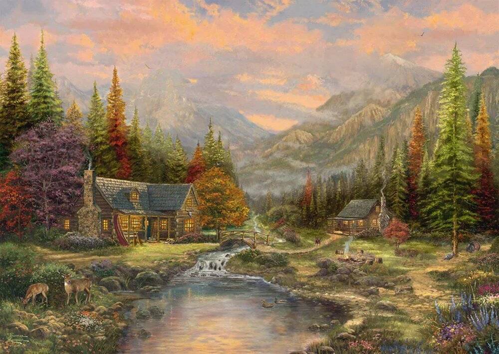 Ein malerisches Gemälde einer rustikalen Hütte an einem Bach, umgeben von Herbstbäumen und Bergen, mit warmem Licht, das aus den Fenstern der Hütte ausstrahlt.
