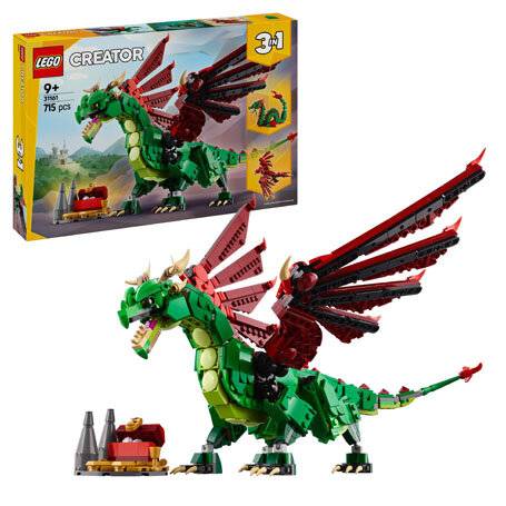 „LEGO Creator 3-in-1 Set mit einem detaillierten rot-grünen Drachen mit Flügeln, zusammen mit seiner Verpackung, die alternative Bauweisen zeigt.