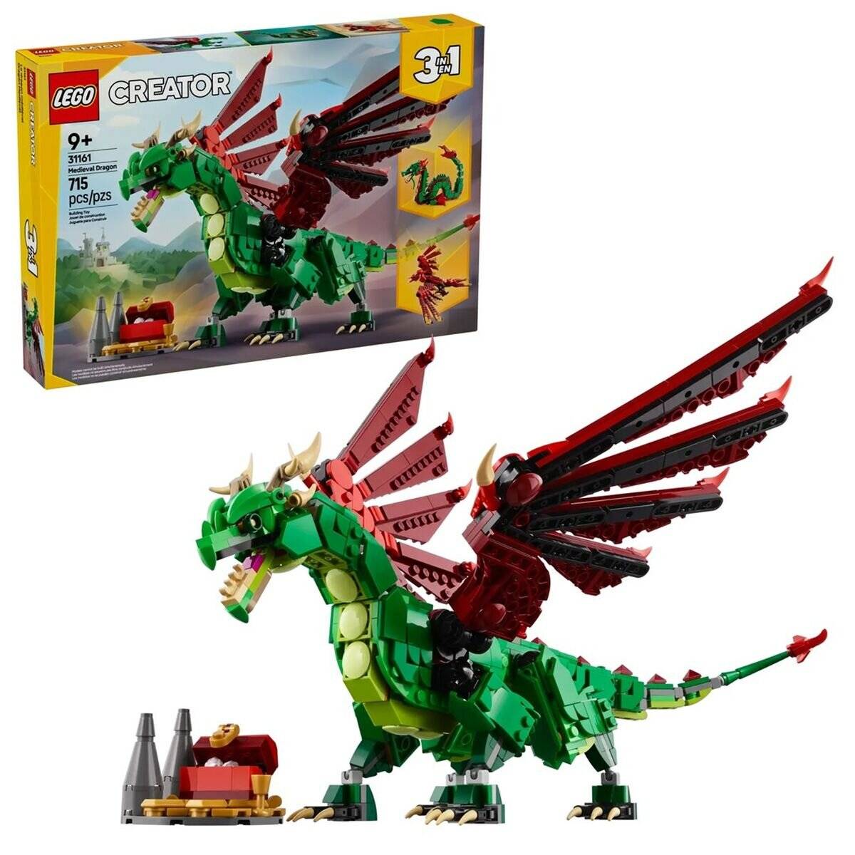 Lego Creator 3-in-1 Drachenbausatz mit einem grünen Drachen mit roten Flügeln, mit Bauvarianten auf der Schachtel für Kinder ab 9 Jahren.