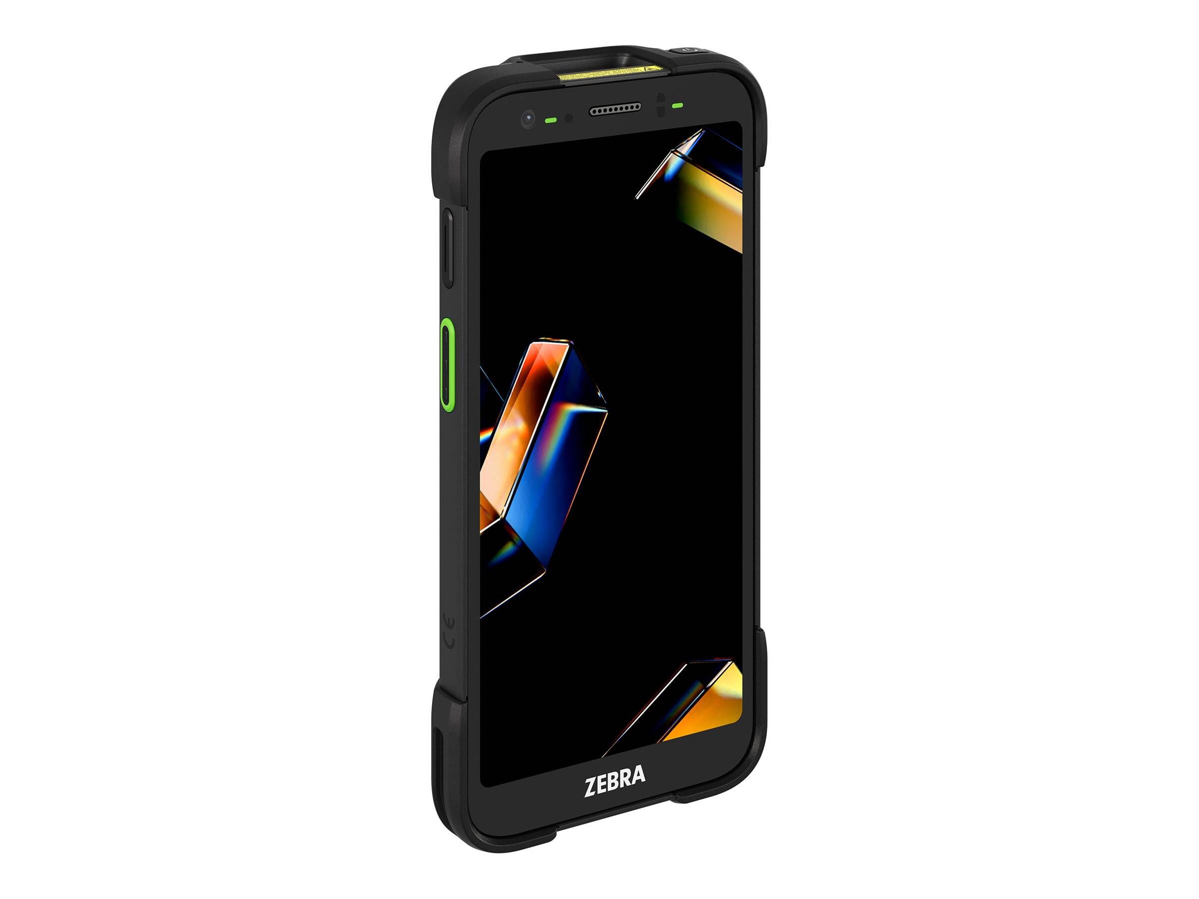 Robustes tragbares Touchscreen-Gerät Black Zebra in schräger Ansicht, mit schützender Stoßstange und farbenfrohem abstraktem Display.