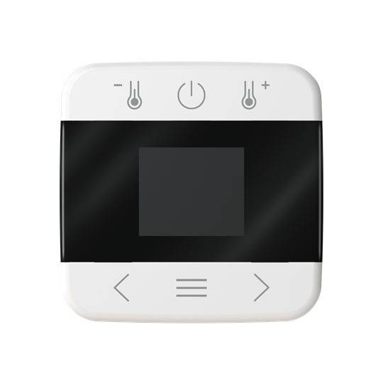 Ein quadratischer elektronischer Thermostat mit digitalem Display und Tasten zur Temperaturregelung, mit Symbolen für Stromversorgung, Erhöhen und Senken.