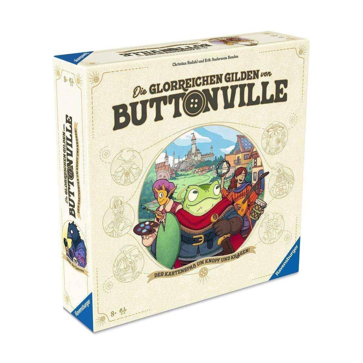 Brettspielbox mit illustrierten Charakteren in mittelalterlicher Kleidung, mit dem Titel 'Die Glorreichen Gilden von Buttonville'.